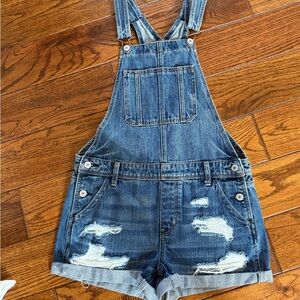 American Eagle Distressed Denim Short Overalls - Blue